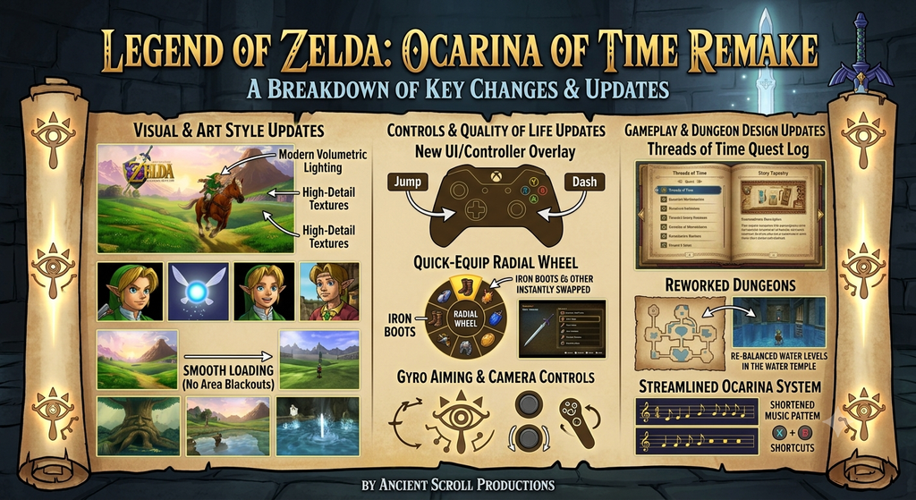 Break down the key gameplay, control, and visual changes in the Ocarina of Time remake